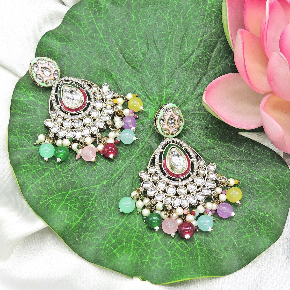 Polki earrings with multicolor beads – Indian Polki multicolor earrings for festive wear USA – Joyrias