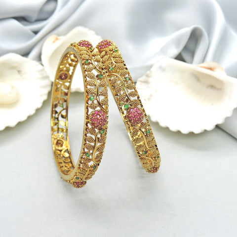 Antique gold plated floral bangles with ruby and emerald detailing – Indian bridal bangles USA – Joyrias
