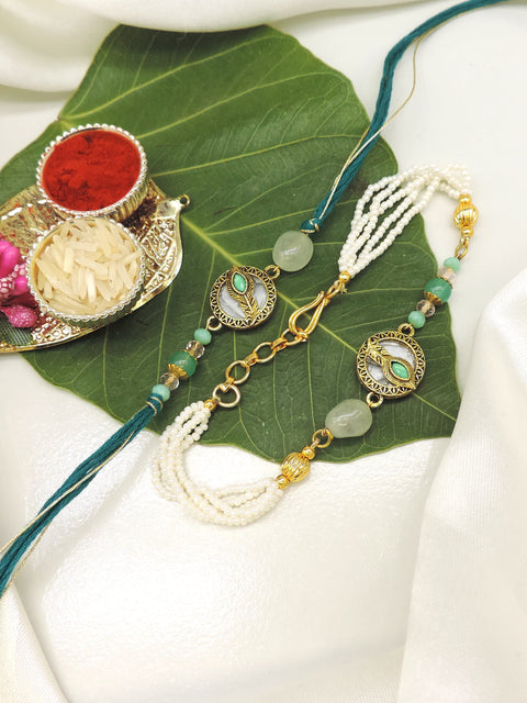 Peacock Feather Mint Pearl Bhaiya Bhabhi Rakhi Set