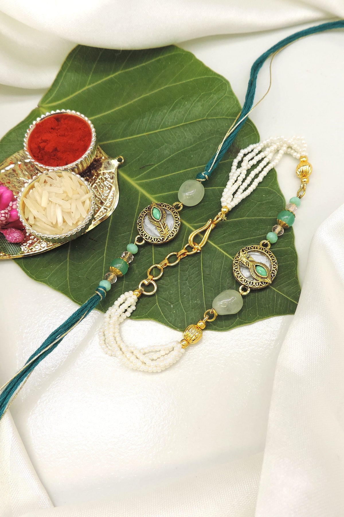 Peacock Feather Mint Pearl Bhaiya Bhabhi Rakhi Set