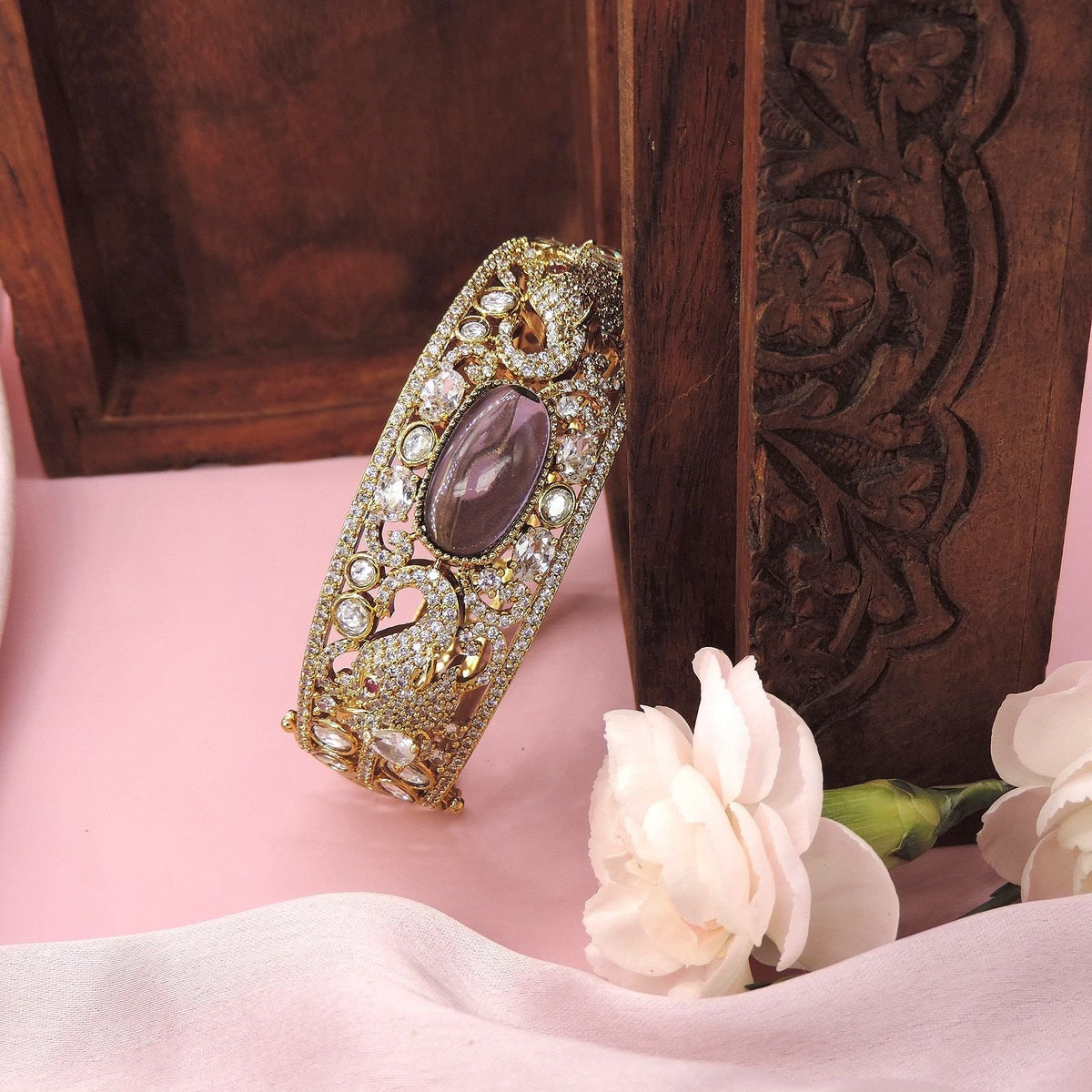 Gold-Plated Peacock Design Bangle with Lavender Stone Image 0