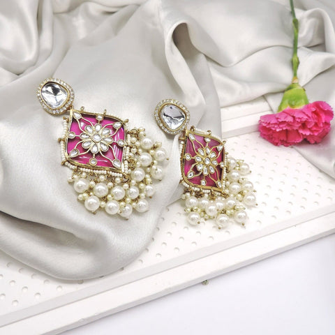 Purple meenakari Kundan chandbali earrings with pearl drops – Indian festive earrings USA – Joyrias