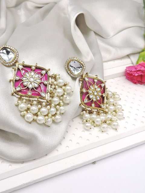 Purple meenakari Kundan chandbali earrings with pearl drops – Indian festive earrings USA – Joyrias