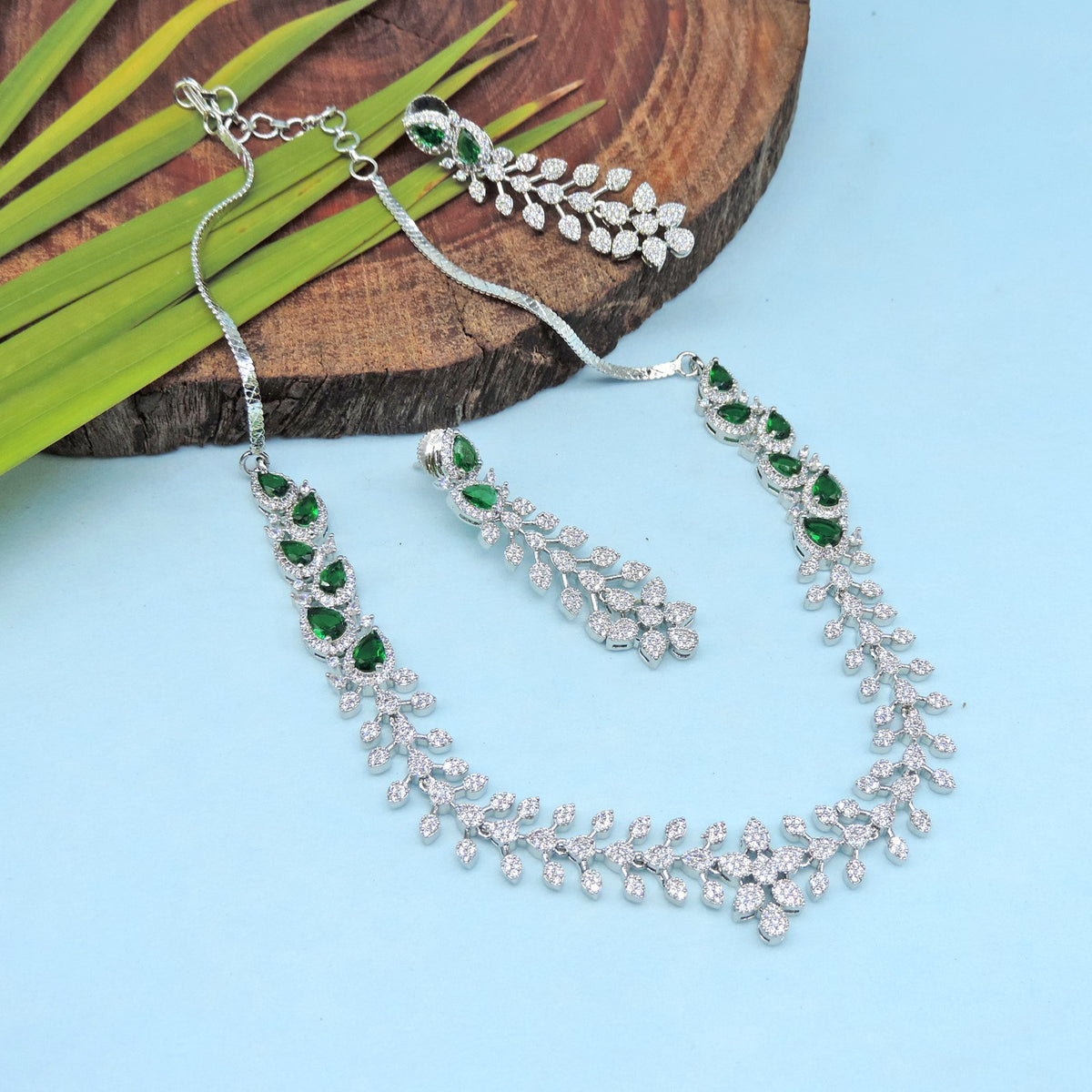 AD with emerald necklace set – Indian American diamond emerald necklace for weddings USA – Joyrias