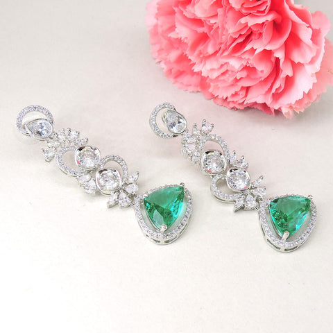 Green Stone AD Long Drop Earrings