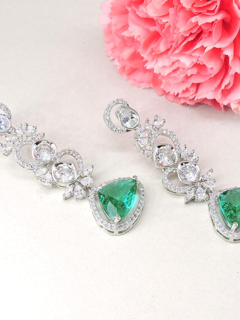 Green Stone AD Long Drop Earrings