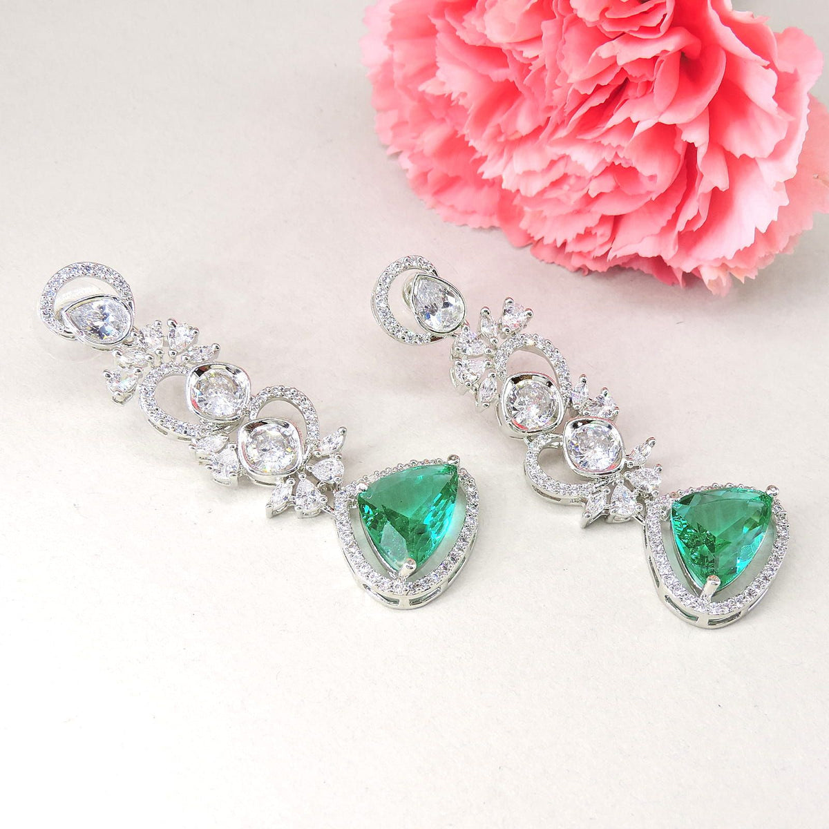 Green Stone AD Long Drop Earrings