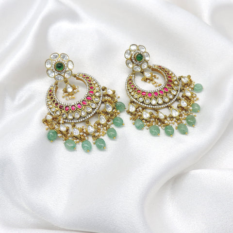 CZ Pink Green Chandbali Earrings by Joyrias