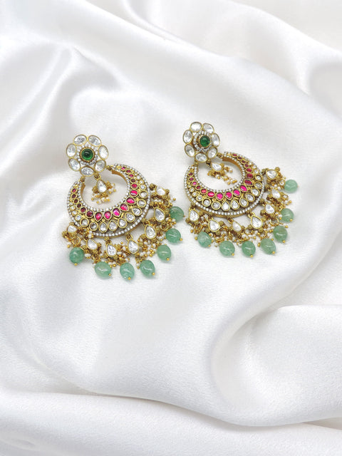 CZ Pink Green Chandbali Earrings by Joyrias