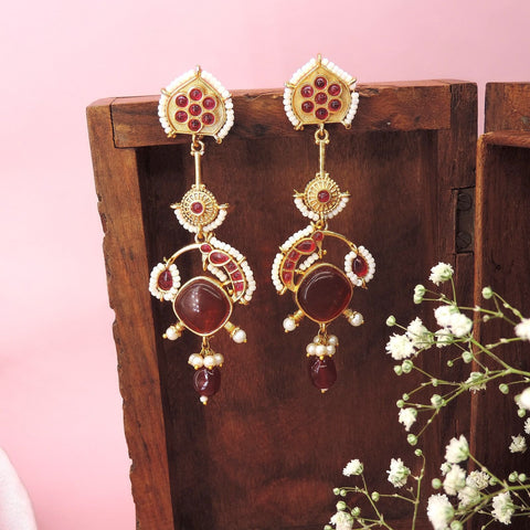 Gold plated red stone chandbali earrings with pearls – Indian bridal chandbali USA – Joyrias