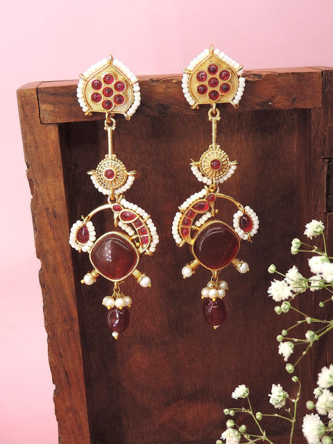 Gold plated red stone chandbali earrings with pearls – Indian bridal chandbali USA – Joyrias