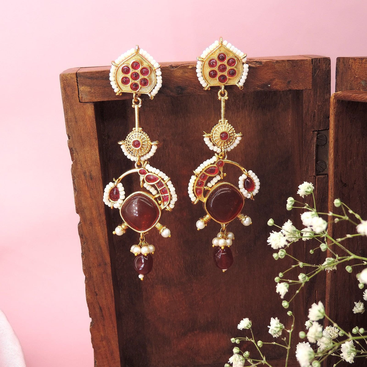 Gold plated red stone chandbali earrings with pearls – Indian bridal chandbali USA – Joyrias