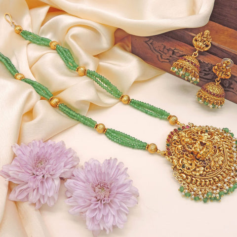 Antique Temple Necklace with Green Beads & Lakshmi Pendant Image 0