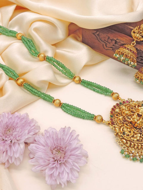 Antique temple necklace with green beads and Lakshmi pendant – South Indian jewelry USA – Joyrias