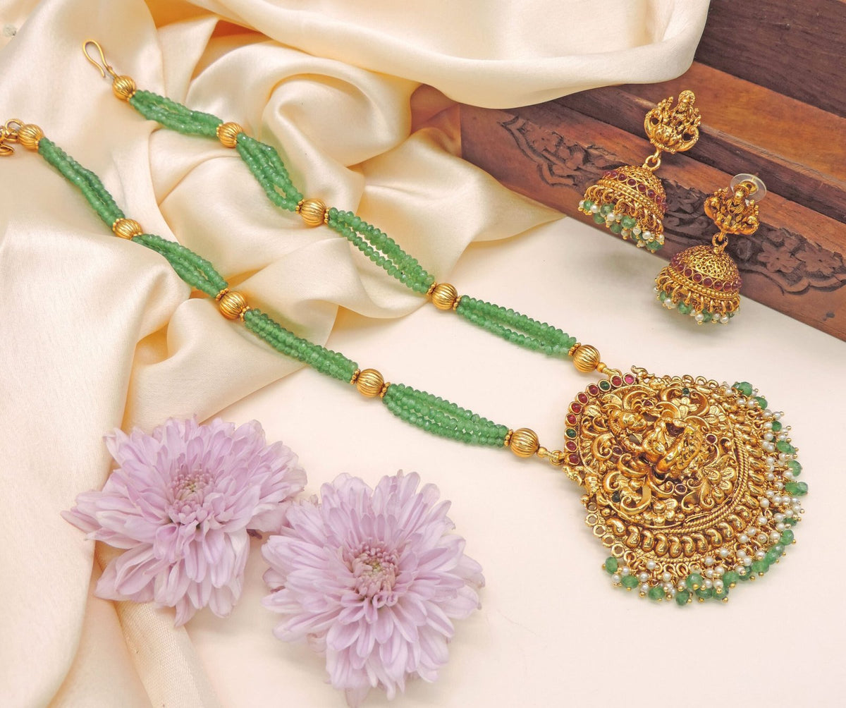 Antique Temple Necklace with Green Beads & Lakshmi Pendant Image 0