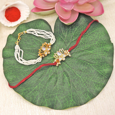 Kundan Lotus Bhaiya Bhabhi Rakhi Set by Joyrias