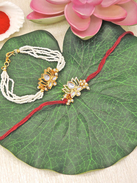 Kundan Lotus Bhaiya Bhabhi Rakhi Set by Joyrias