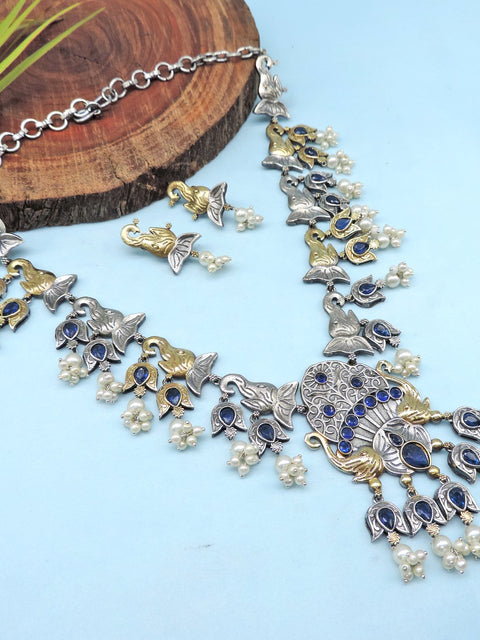 Silver plated necklace with AD and blue stones – Indian festive necklace set USA – Joyrias