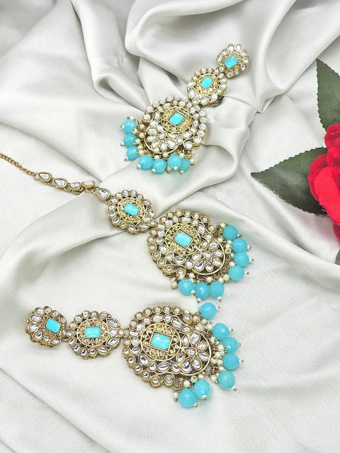 Gold tone Kundan maang tikka set with aqua blue beads – Indian tikka for weddings USA – Joyrias