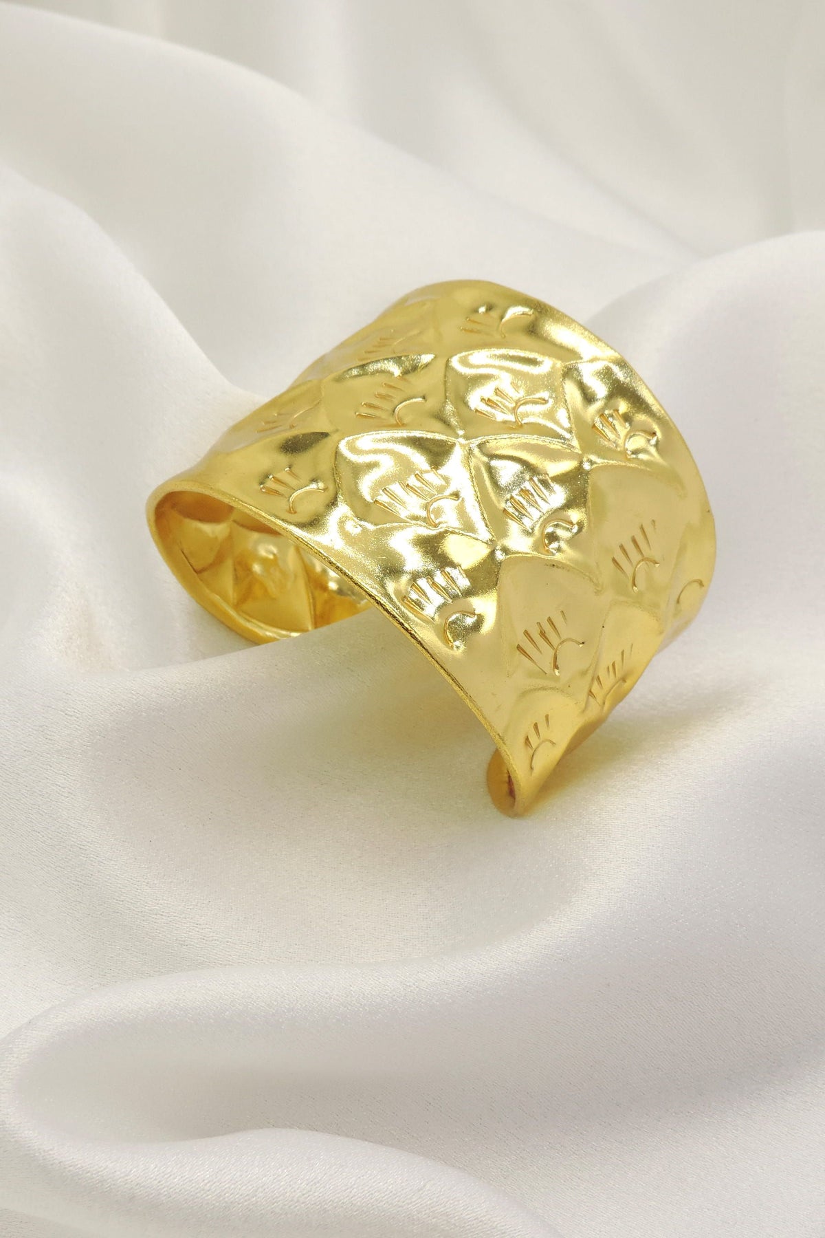 Textured Gold Statement Cuff | Wide Embossed Open Bracelet | Joyrias