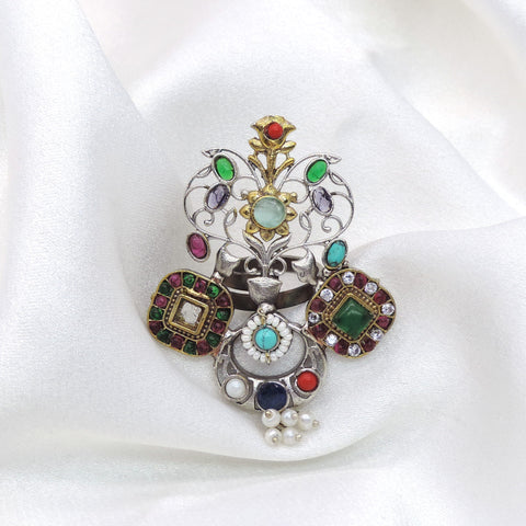 Oxidized green CZ AD multicolor floral ring with pearl drops and intricate detailing from joyrias