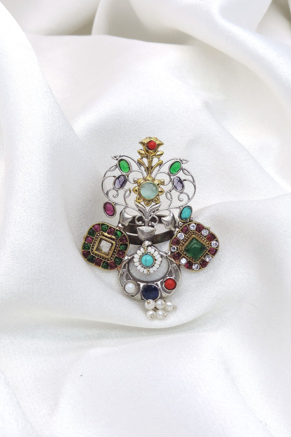 Oxidized green CZ AD multicolor floral ring with pearl drops and intricate detailing from joyrias