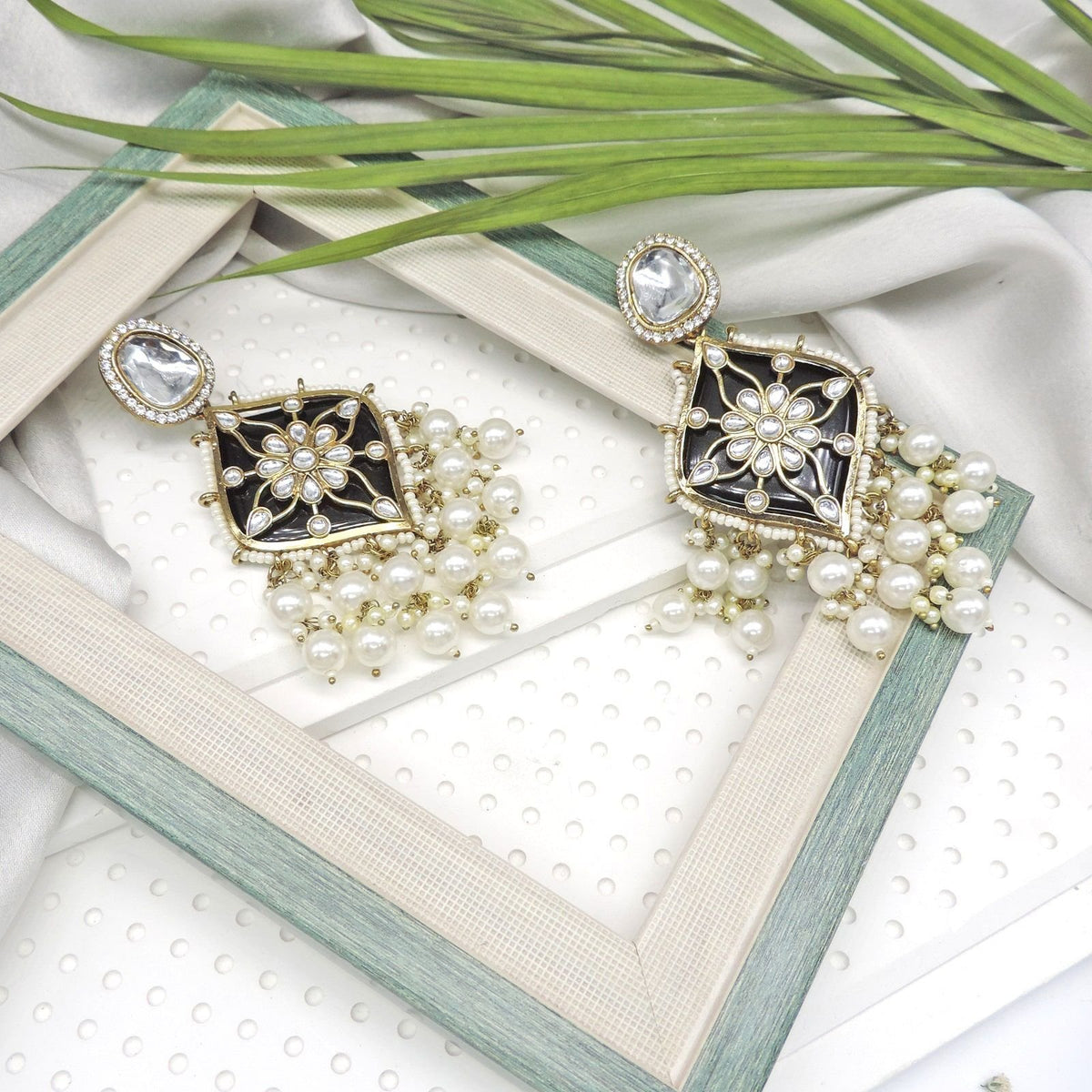 Black Kundan pearl statement chandbali jhumka earrings – Indian bridal earrings USA – Joyrias