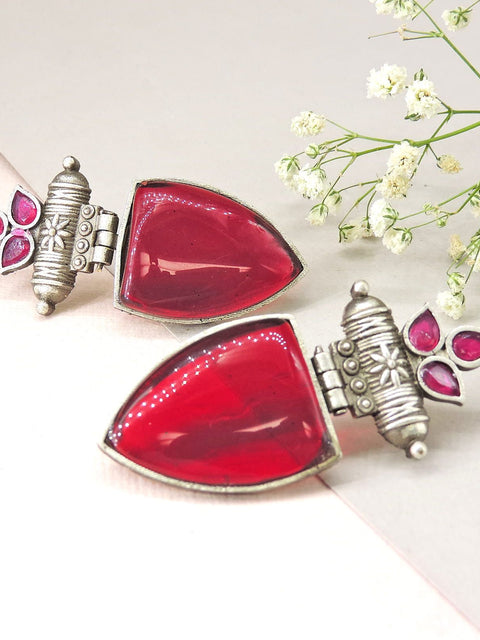 Red Stone Oxidised Statement Earrings