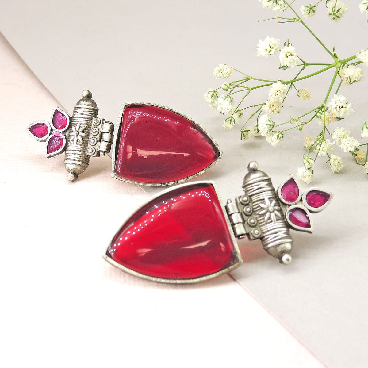 Red Stone Oxidised Statement Earrings
