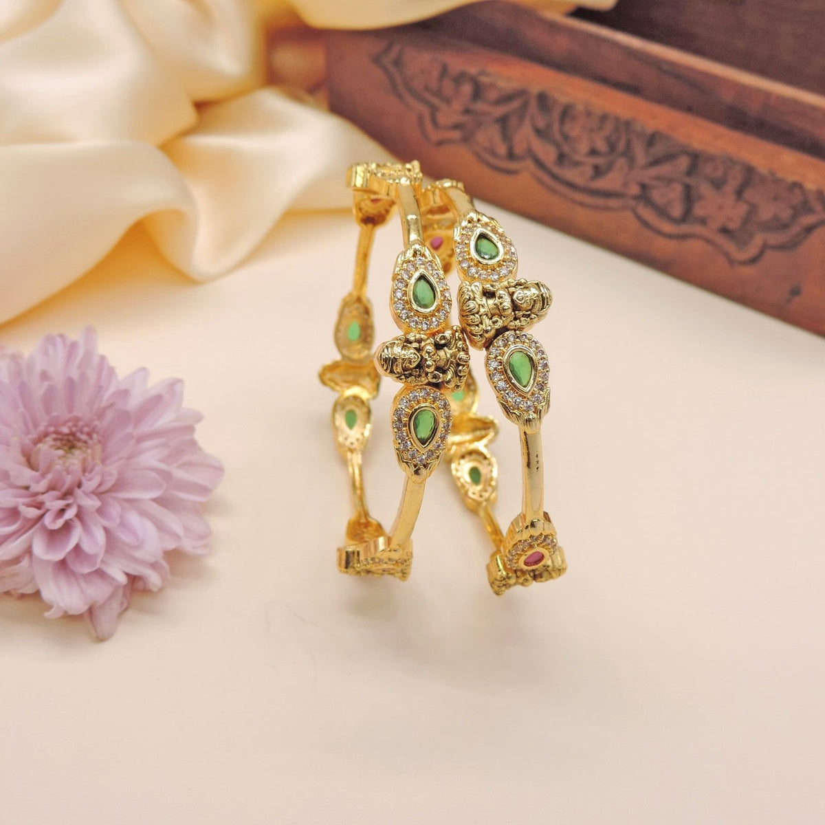 Antique gold plated bangles with green stone and CZ accents – Indian festive bangles USA – Joyrias