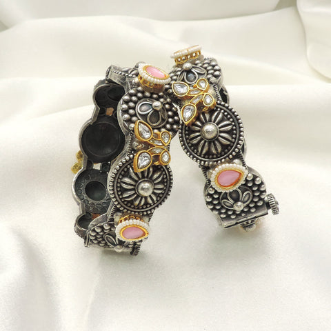 Oxidised pink kundan bangle set with floral detailing