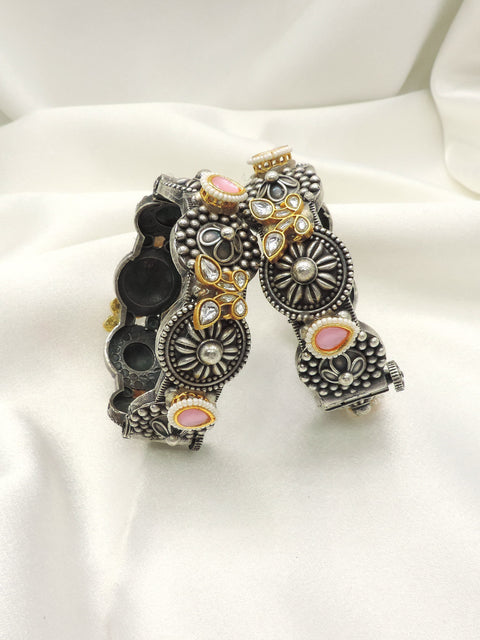 Oxidised pink kundan bangle set with floral detailing