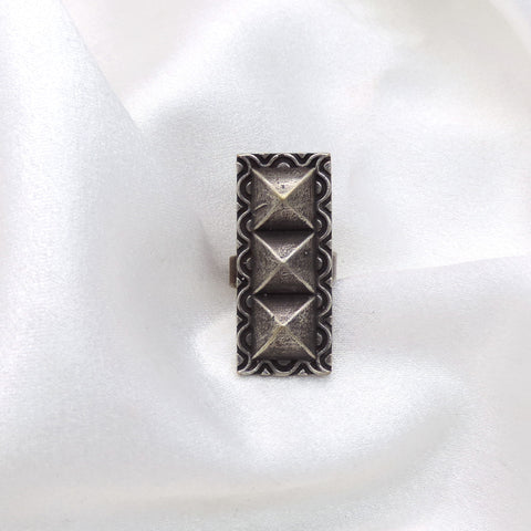 Oxidized silver geometric pyramid ring with traditional detailing by joyrias
