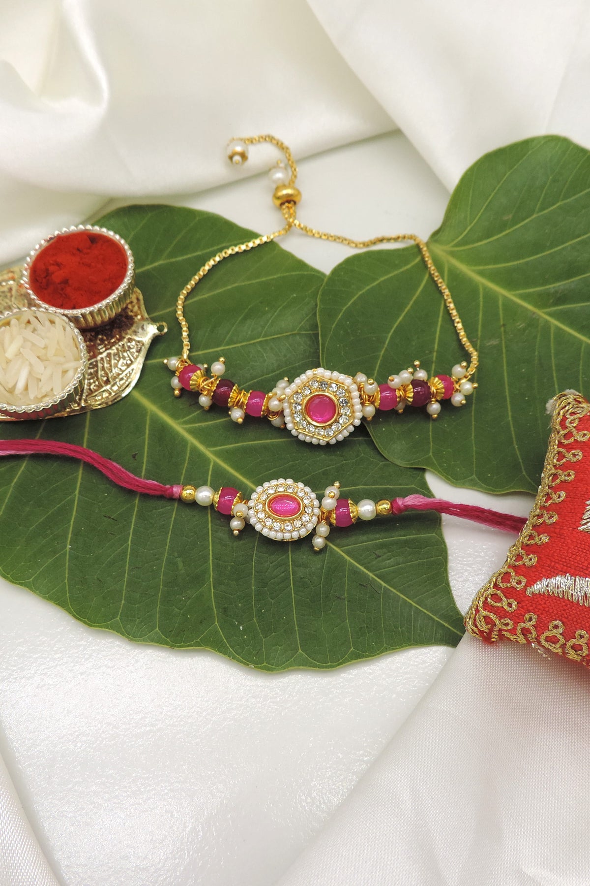 CZ Halo Pink Bhaiya Bhabhi Rakhi Set