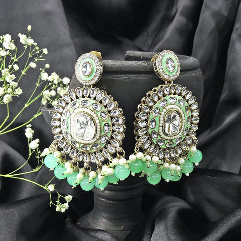 Polki earrings with sage green beads – Indian Polki sage green earrings USA – Joyrias