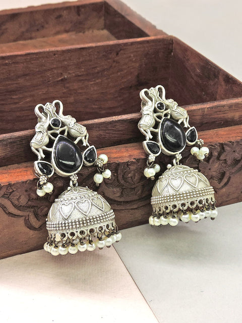 Black Stone Oxidized Jhumka Earrings with Pearl Drops – Statement Ethnic Earrings