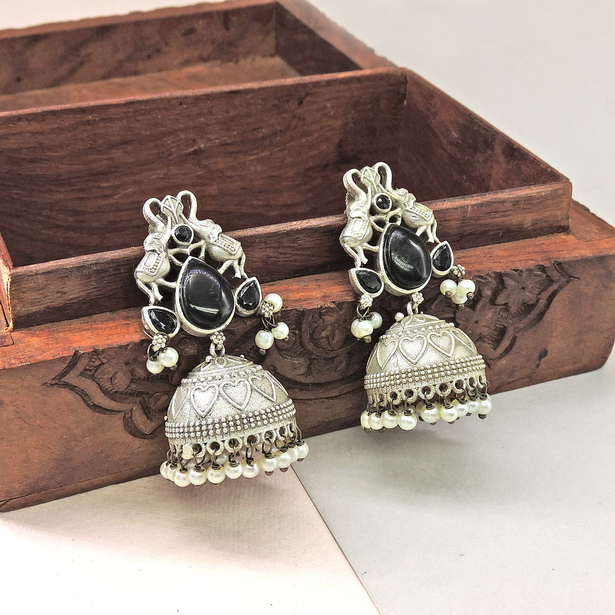 Black Stone Oxidized Jhumka Earrings with Pearl Drops – Statement Ethnic Earrings