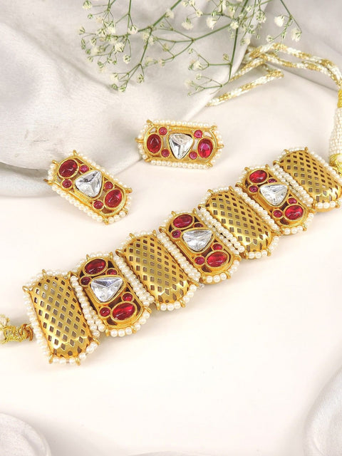 Red Kundan choker necklace set with pearl borders – Indian bridal choker USA – Joyrias