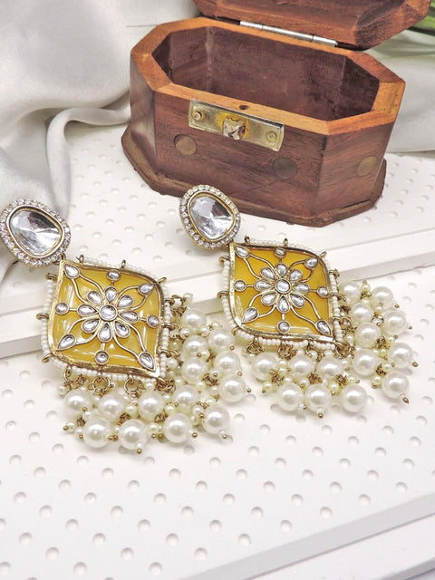 Mustard yellow Kundan pearl statement earrings – Indian Kundan festive earrings USA – Joyrias
