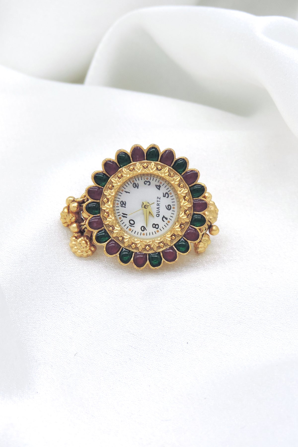 Gold-Toned Multicolor Kundan Floral Ring