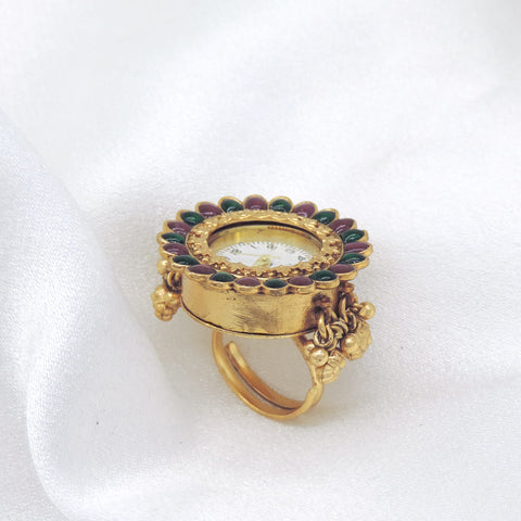 Gold-toned multicolor kundan floral ring with traditional detailing by joyrias