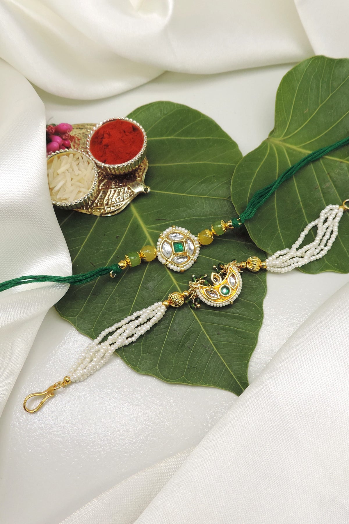 Multicolor Bead Kundan Bhaiya Bhabhi Rakhi Set