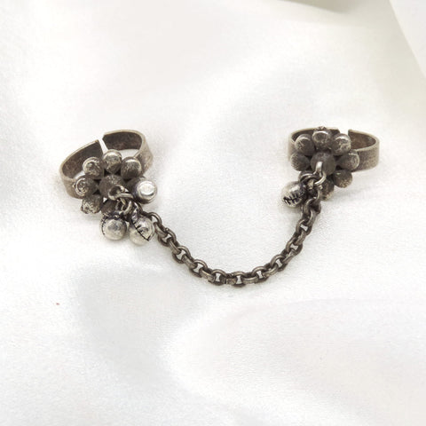 Oxidized silver beaded chain double finger ring with traditional detailing by joyrias