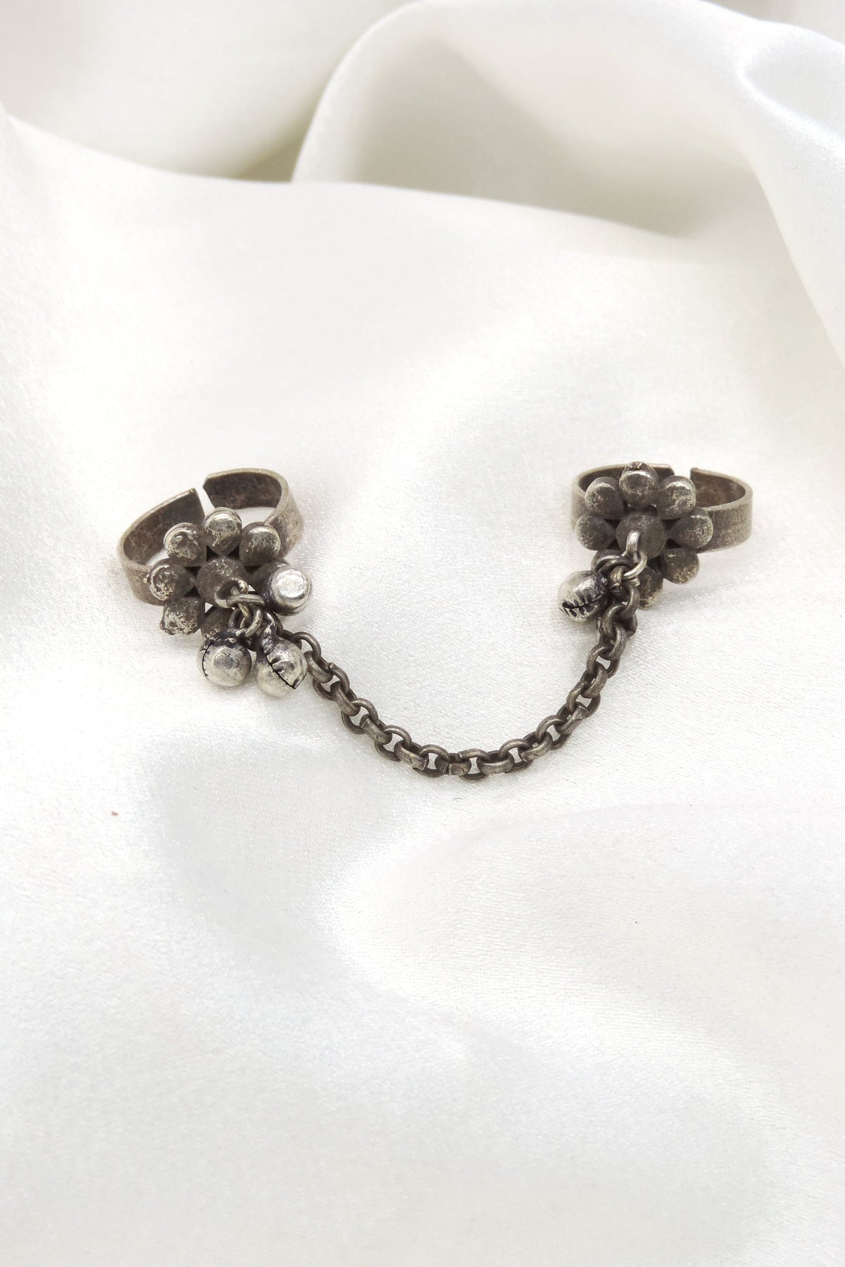 Oxidized silver beaded chain double finger ring with traditional detailing by joyrias