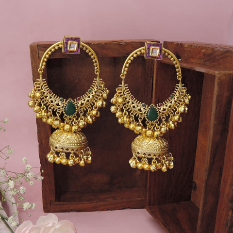 Gold plated hoop jhumkas with green stone – large Indian bridal hoop earrings USA – Joyrias