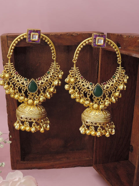 Gold plated hoop jhumkas with green stone – large Indian bridal hoop earrings USA – Joyrias