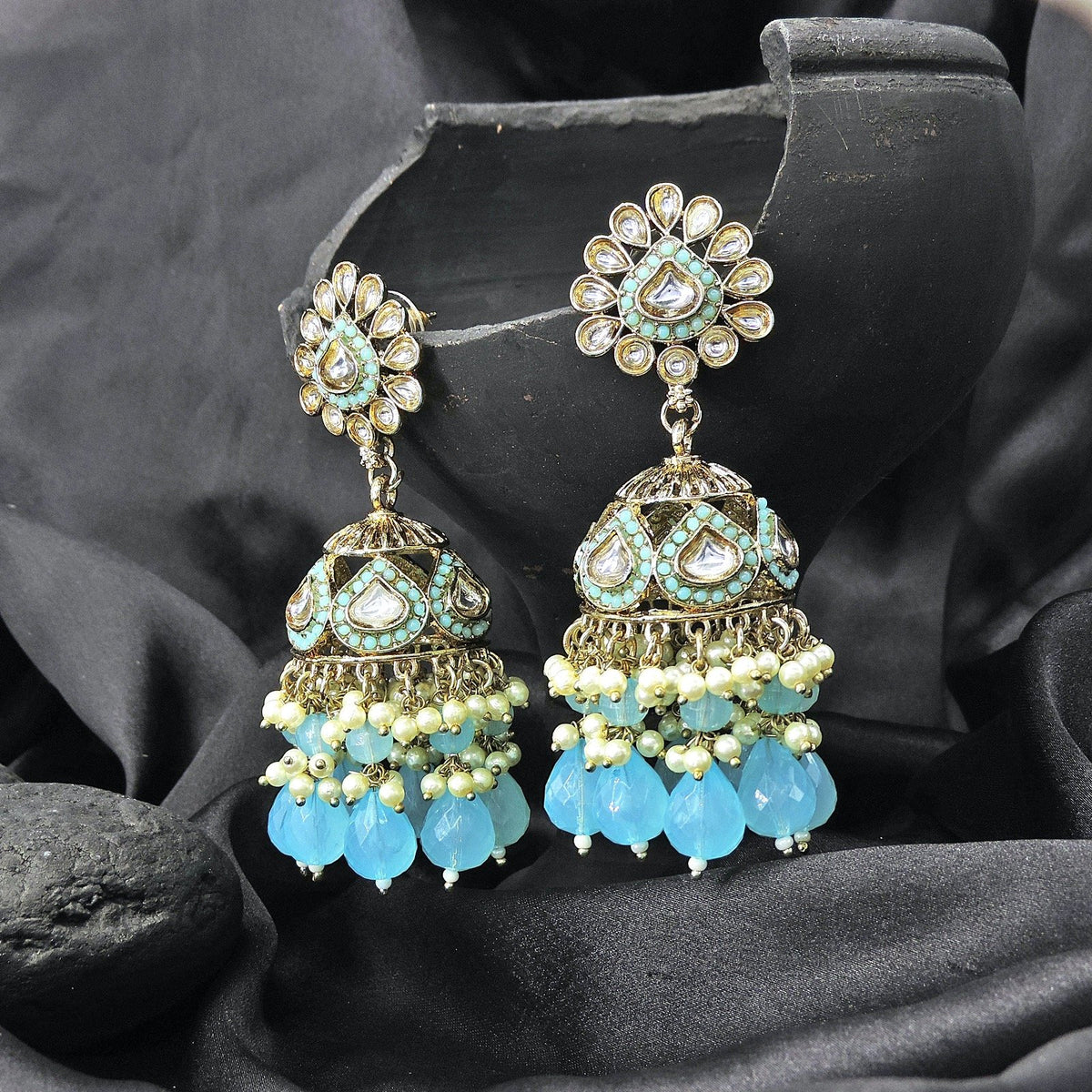 Kundan jhumka earrings with light blue beads – Indian Kundan light blue jhumka USA – Joyrias
