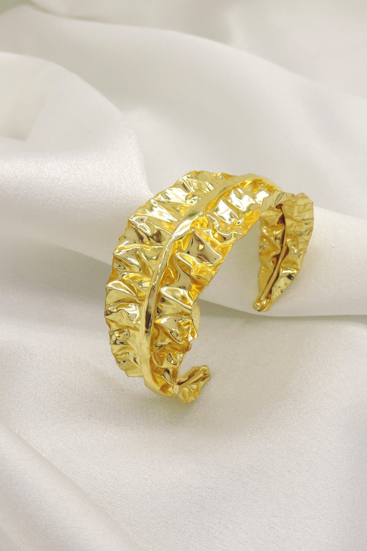 Gold Textured Leaf Cuff Bracelet | Bold Statement Open Cuff | Joyrias
