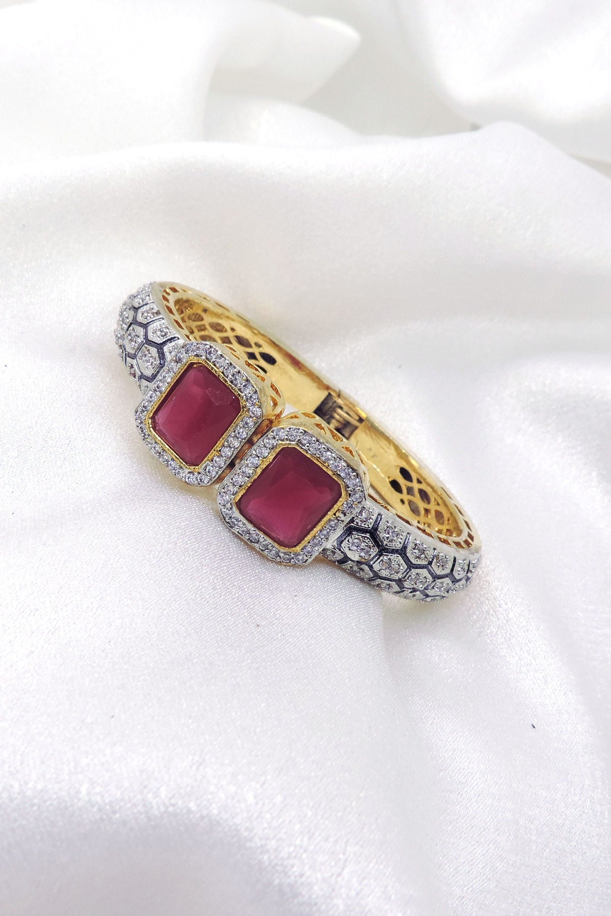 Ruby Pink CZ Kada Bracelet | Luxury Dual Tone Statement Bangle
