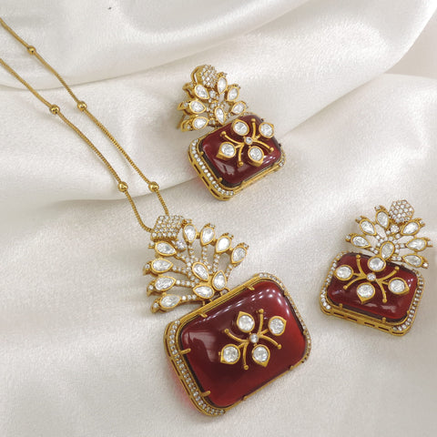 Ruby AD Necklace Set with Matching Earrings Featuring Floral Motifs by Joyrias